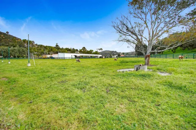 a view of a lush green hillside and a building
