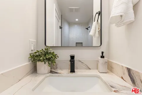 a bathroom with a sink a mirror and a potted plant