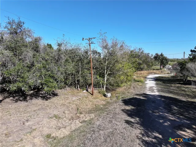 a view of a dirt road with trees