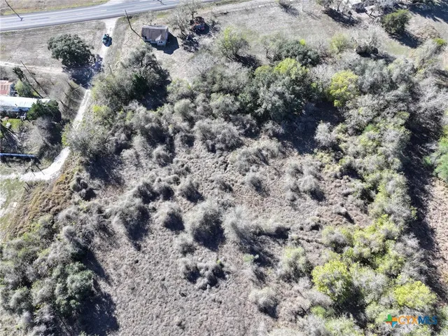 a view of a dry field with trees in the background