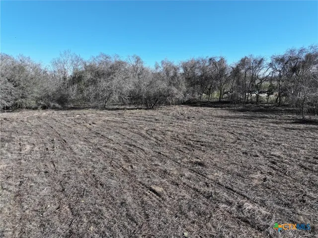 a view of a field with trees in the background