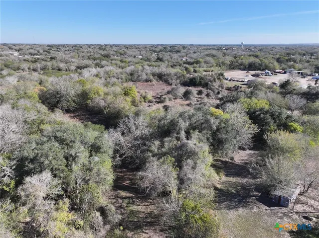 an aerial view of residential houses with outdoor space and trees