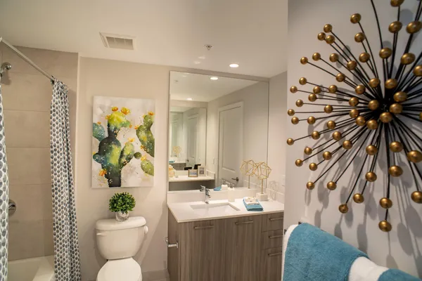 a bathroom with a sink mirror vanity and toilet