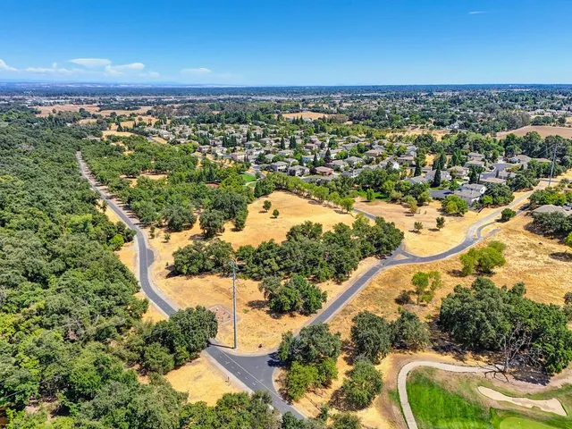 an aerial view of a residential houses with outdoor space and trees