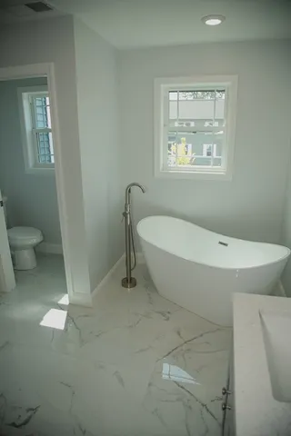 a bathroom with a toilet and a bathtub