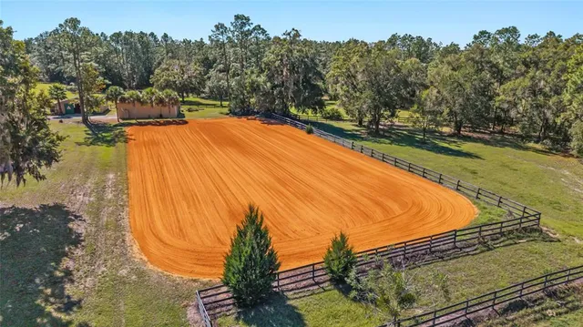 an aerial view of a house with swimming pool and large trees