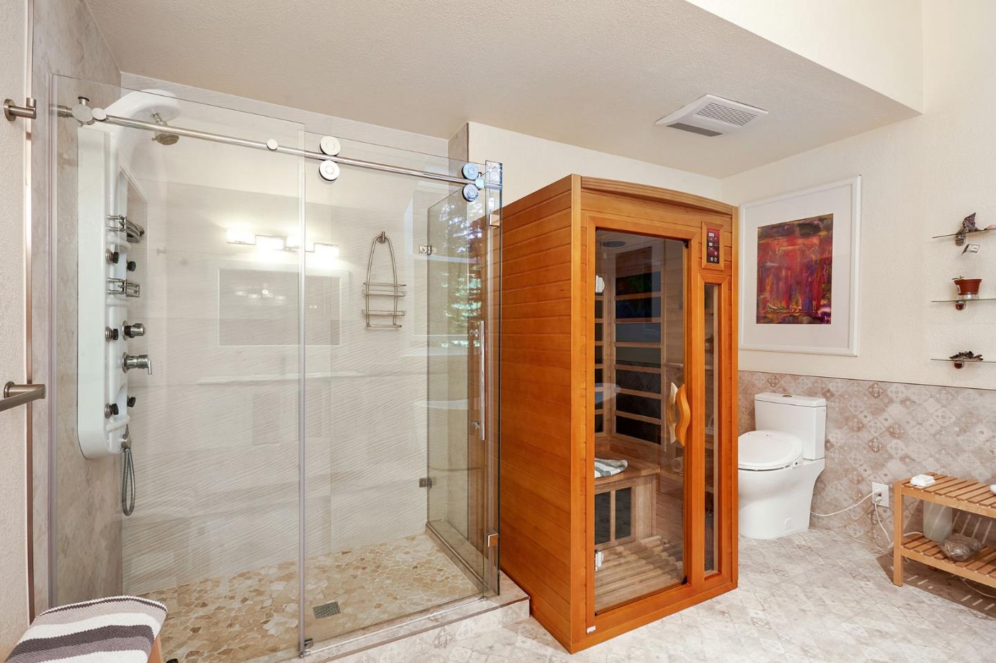 170 Swett Road Woodside, CA 94062 - Photo 21 of 36 a bathroom with a shower and a sink