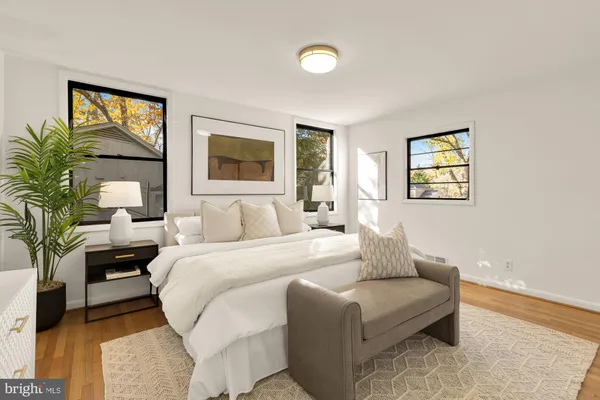 a spacious bedroom with a bed a couch and a potted plant