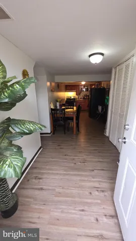 a hallway with painting on the wall and a potted plant