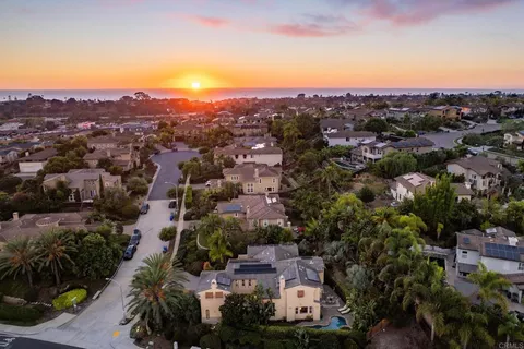 an aerial view of residential houses with outdoor space and trees