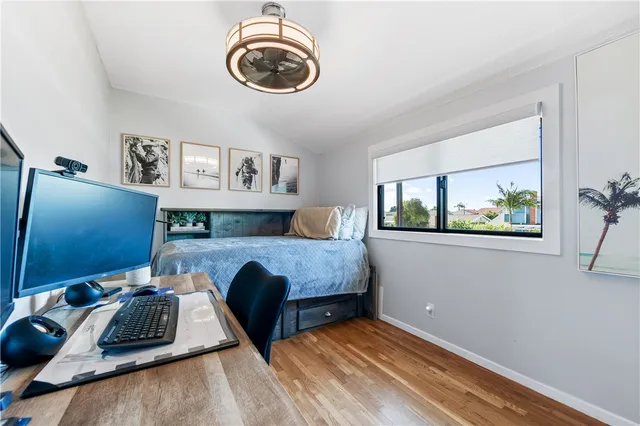 a view of a tennis court with a large tree