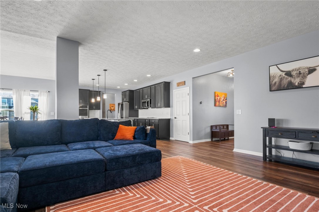 37174 Amber Way North Ridgeville, OH 44039 - Photo 8 of 40 Living room with dark wood-type flooring, recessed lighting, and a textured ceiling