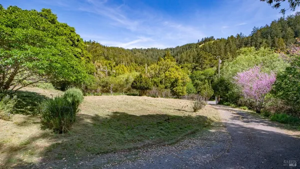 a view of a lush green hillside and a building