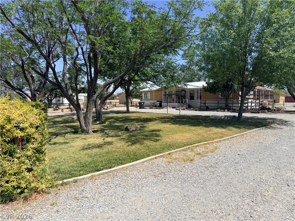 1391 West Dyer Road Pahrump, NV 89048 - Photo 2 of 50 A long gravel driveway leads to a single-story home nestled among mature shade trees.