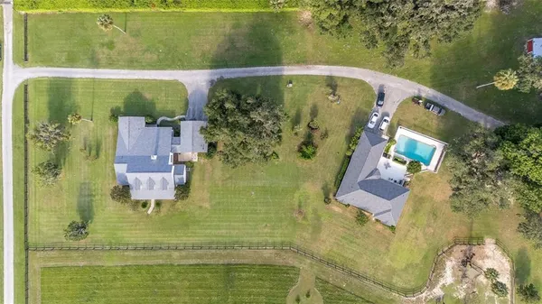 an aerial view of a swimming pool