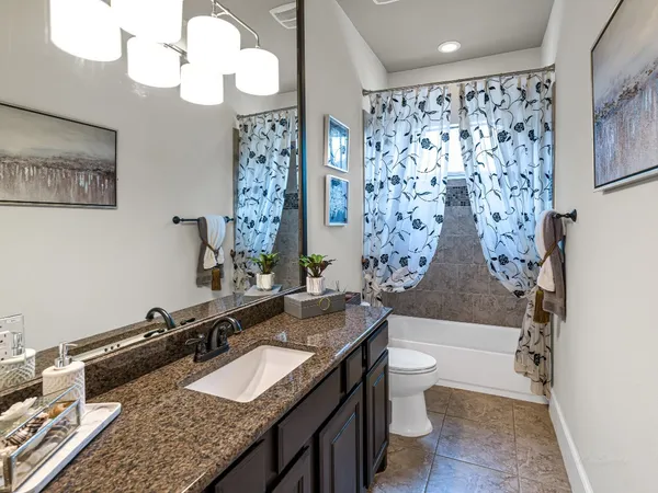a bathroom with a granite countertop sink a toilet a mirror and shower curtain