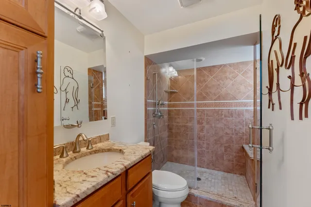 a bathroom with a granite countertop sink toilet and shower