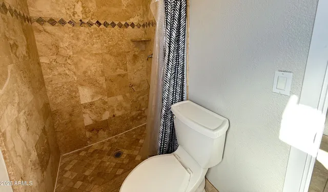 a white toilet sitting next to a shower curtain