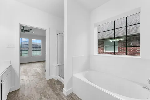 a bathroom with a bathtub and a shower