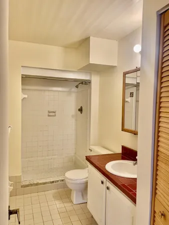 a bathroom with a sink a toilet and shower