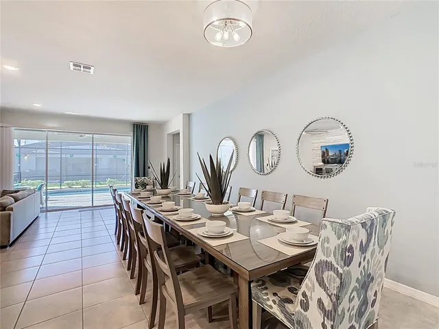 a view of a dining room with furniture and a large window