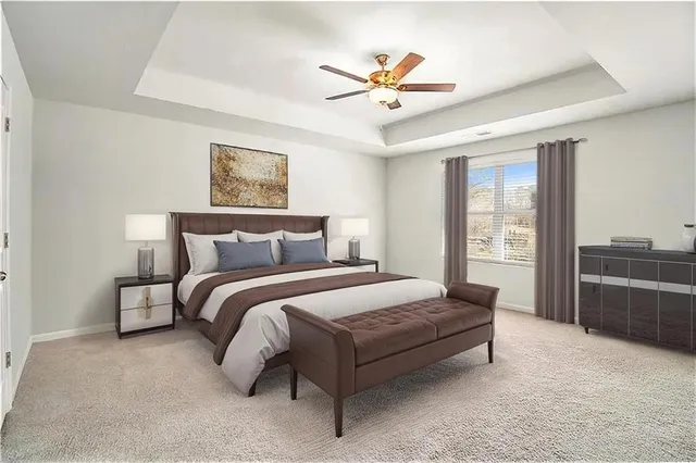 a bedroom with a large bed rug and couch