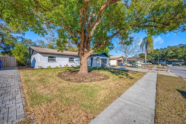 a view of house with yard and trees in the background