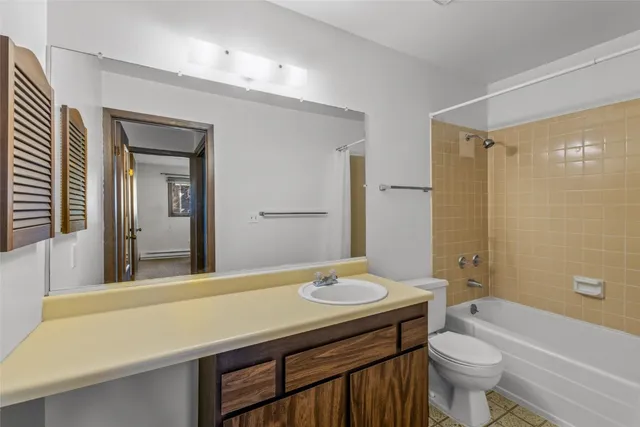 a bathroom with a sink a toilet a mirror a vanity and shower