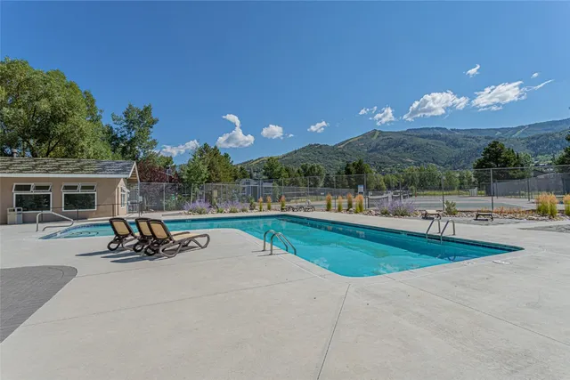 a view of a swimming pool and lounge chair