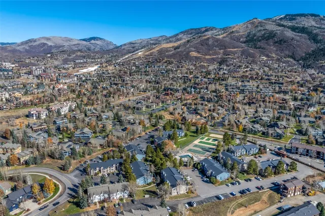 an aerial view of residential houses with outdoor space and trees