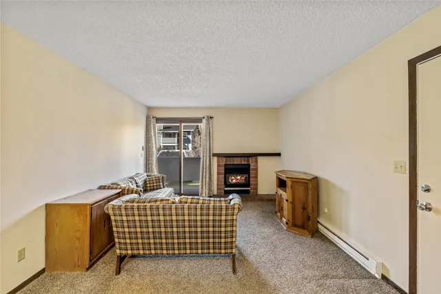 a bedroom with furniture and a fireplace