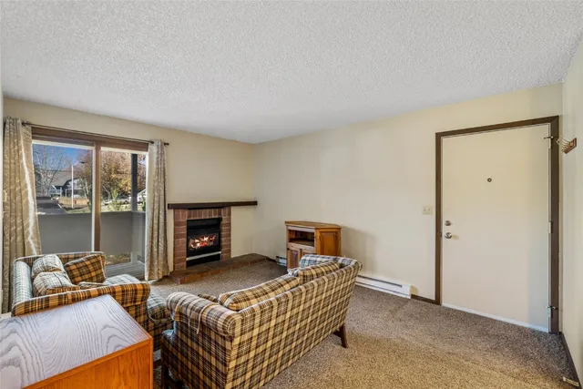 a bedroom with furniture and a fireplace