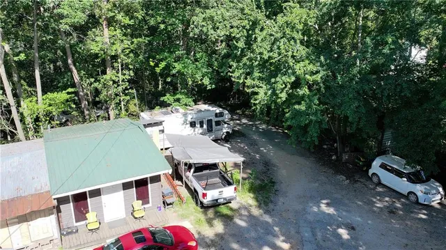 a view of a patio in backyard