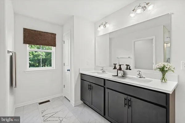 a bathroom with a double vanity sink a large mirror and vanity