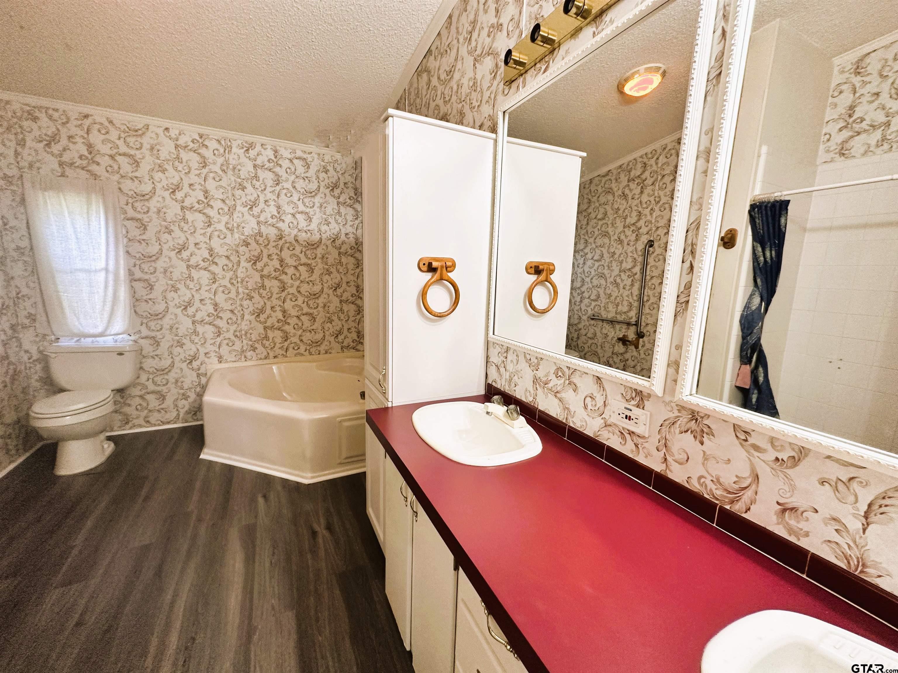 21232 Sand Jack Road Larue, TX 75770 - Photo 24 of 39 a bathroom with a granite countertop sink and a mirror