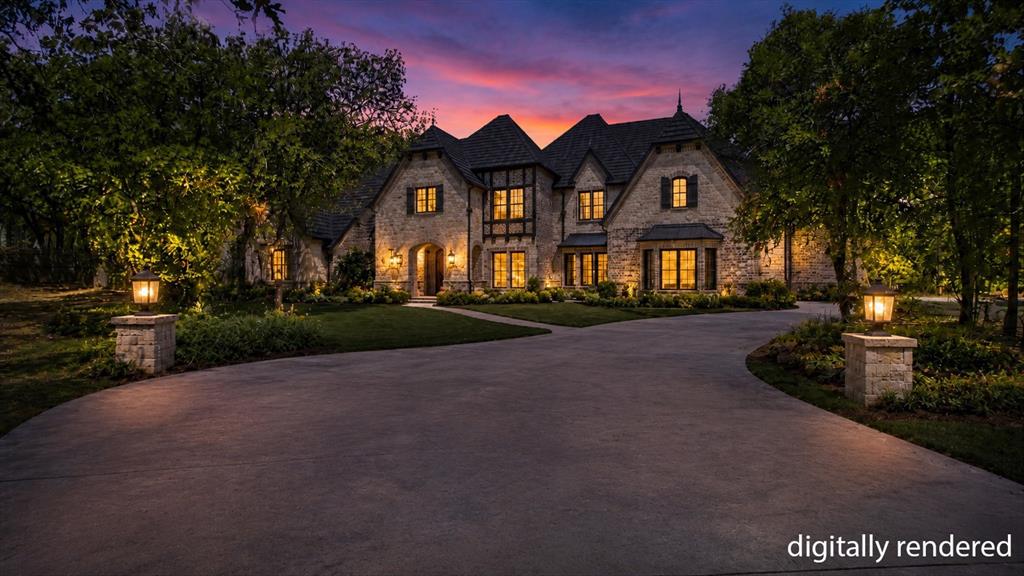 1347 Johnson Road Keller, TX 76248 - Photo 16 of 18 Stone facade with multiple gables, a curved driveway, and manicured landscaping featuring mature trees and accent lighting