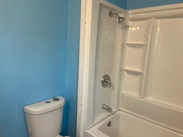 a bathroom with a shower and a toilet
