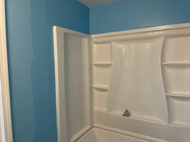 a bathroom with a shower and a bath tub