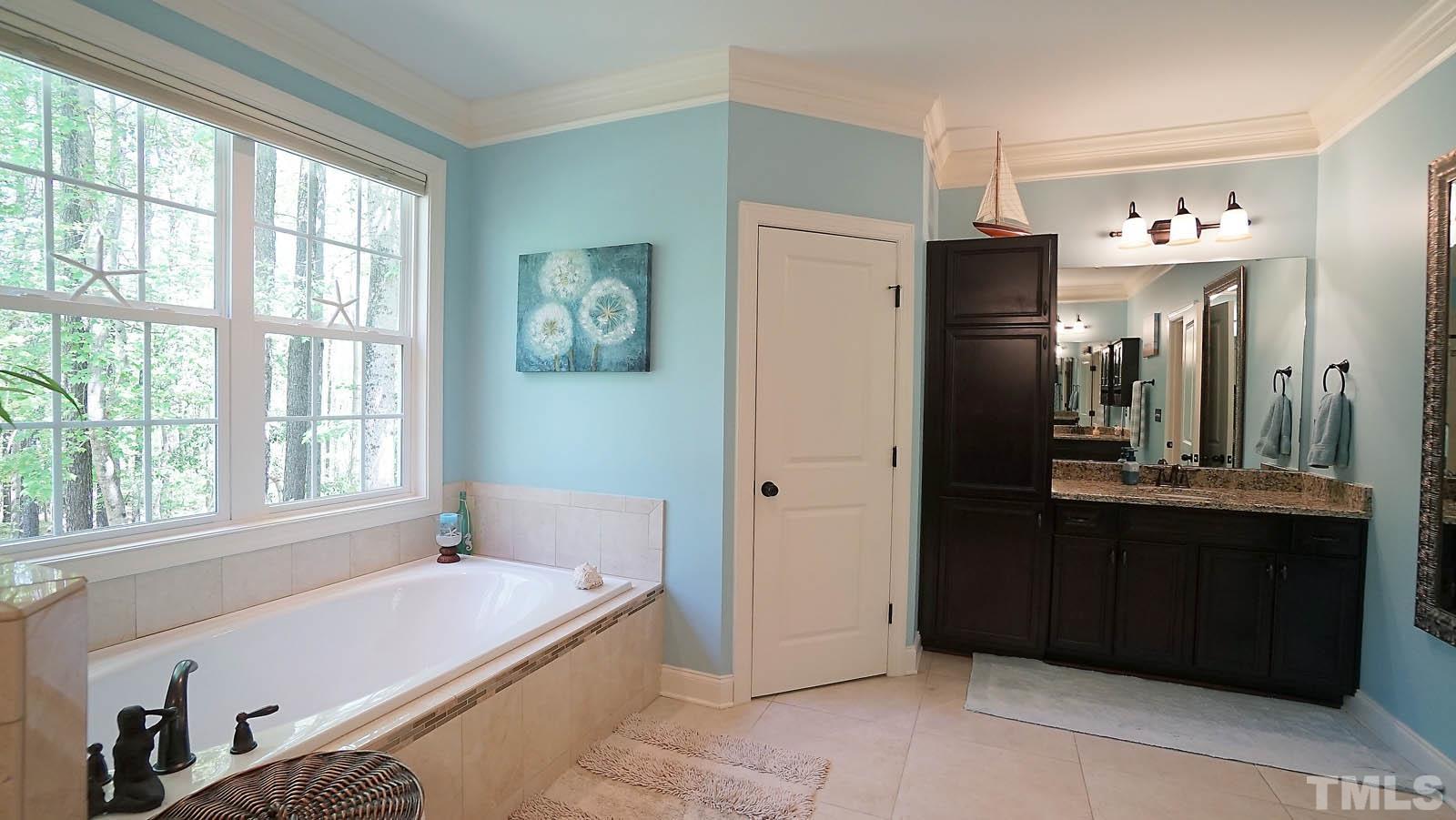 275 Hawfields Drive Pittsboro, NC 27312 - Photo 23 of 44 a bathroom with a tub a sink and a large mirror