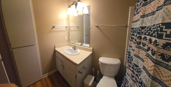a bathroom with a sink toilet and shower