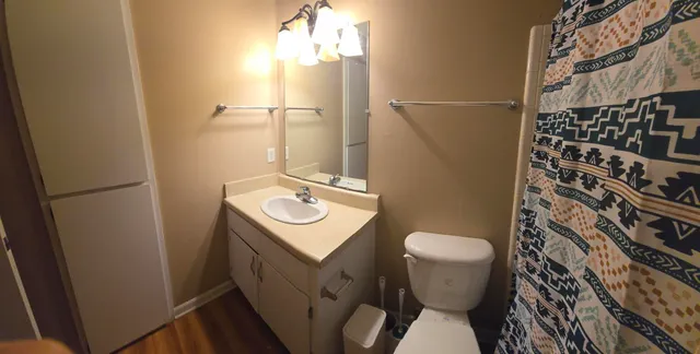 a bathroom with a sink toilet and shower