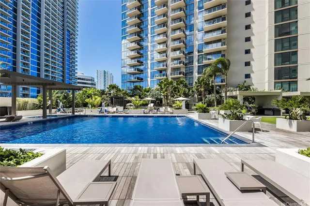 a view of a building with sitting area