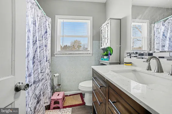 a bathroom with a sink a toilet and shower curtain