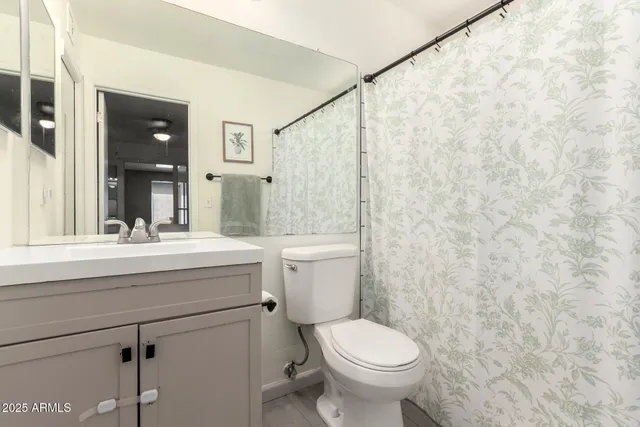 a bathroom with a sink a toilet and shower curtain