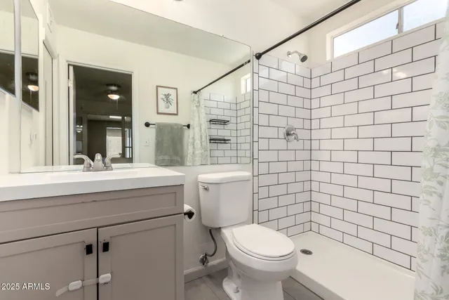 a bathroom with a sink a toilet and shower curtain