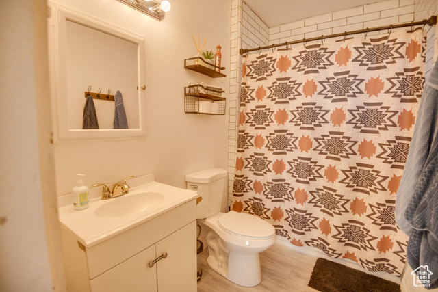 410 North Main Street Beaver, UT 84713 - Photo 7 of 31 Bathroom featuring a shower with shower curtain, vanity, hardwood / wood-style flooring, and toilet