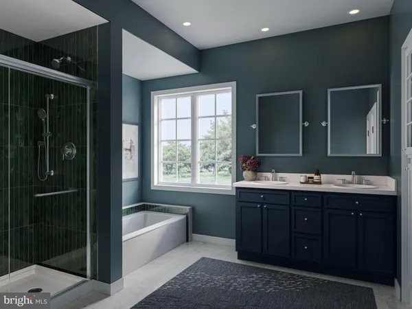 a bathroom with a double vanity sink and mirror with bathtub