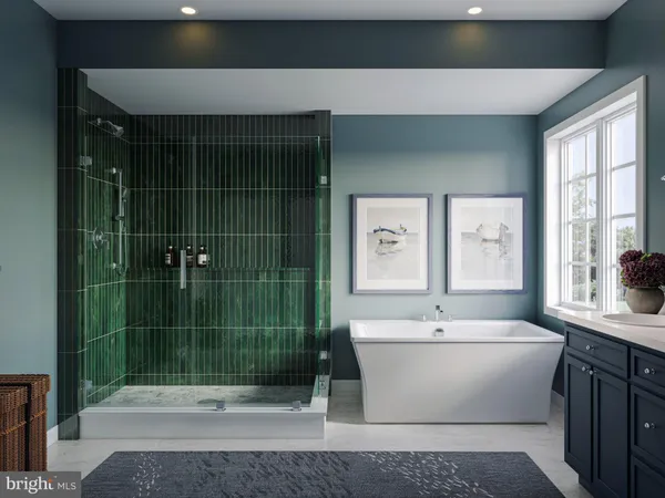 a bathroom with a bathtub a sink and mirror
