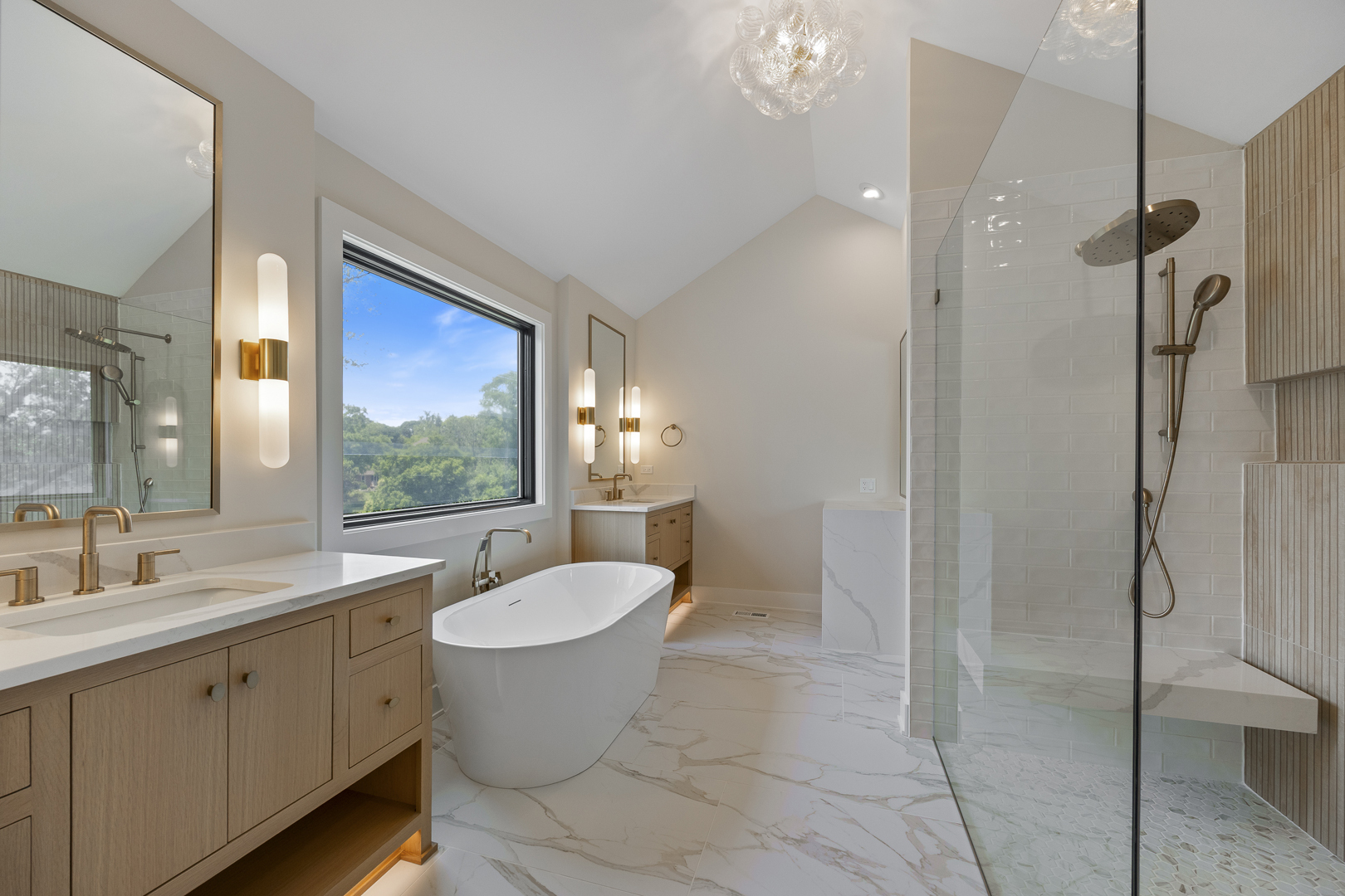 11901 Heritage Drive Burr Ridge, IL 60527 - Photo 34 of 47 a spacious bathroom with a double vanity sink a large mirror and a shower