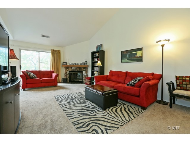 1549 Sandhurst Court, Unit B Wheaton, IL 60189 - Photo 2 of 11 a living room with furniture and a fireplace